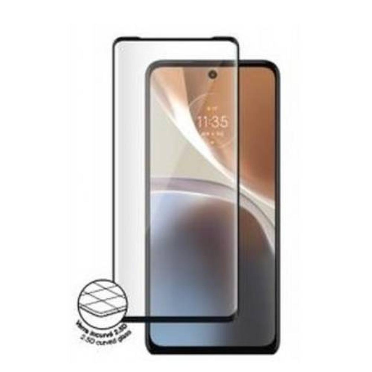 Uno smartphone con una protezione per lo schermo. Lo schermo mostra le 11:35. Un'etichetta in vetro curvo è in basso a sinistra.