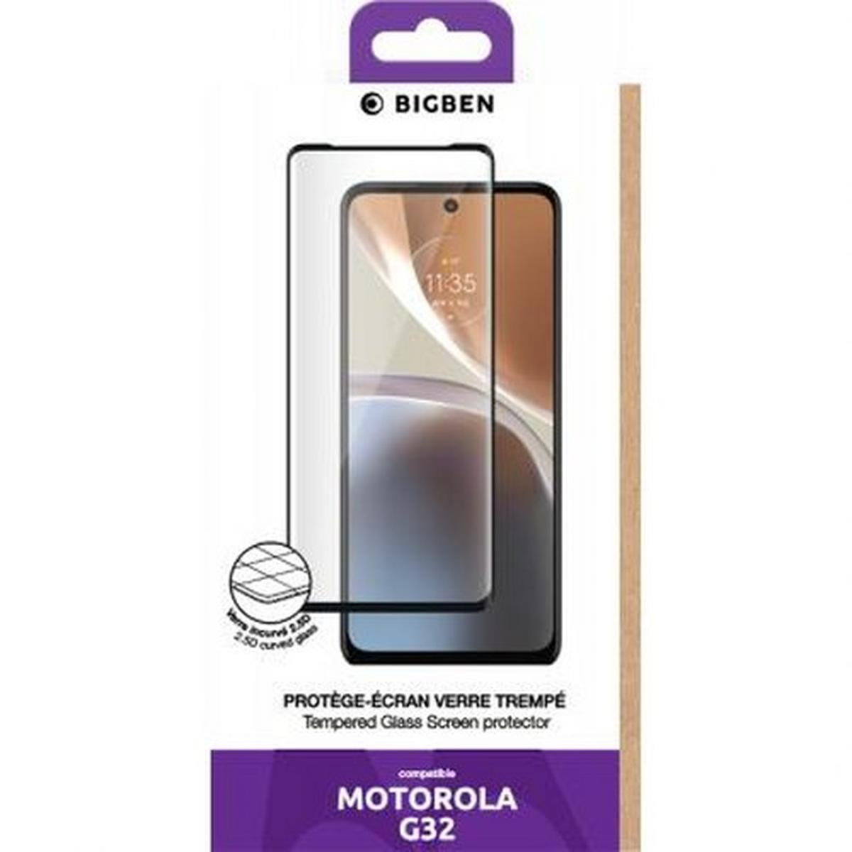 Un proteggi schermo per Motorola G32, con un display del telefono che mostra le 11:35. La confezione è viola e bianca.