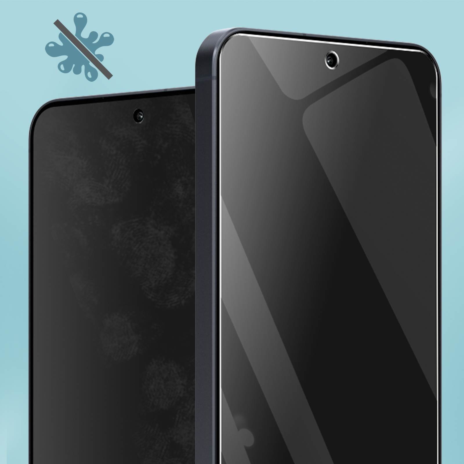 Due smartphone neri con schermi. Uno ha impronte digitali, l'altro è pulito. Un'icona di goccia d'acqua è sbarrata.