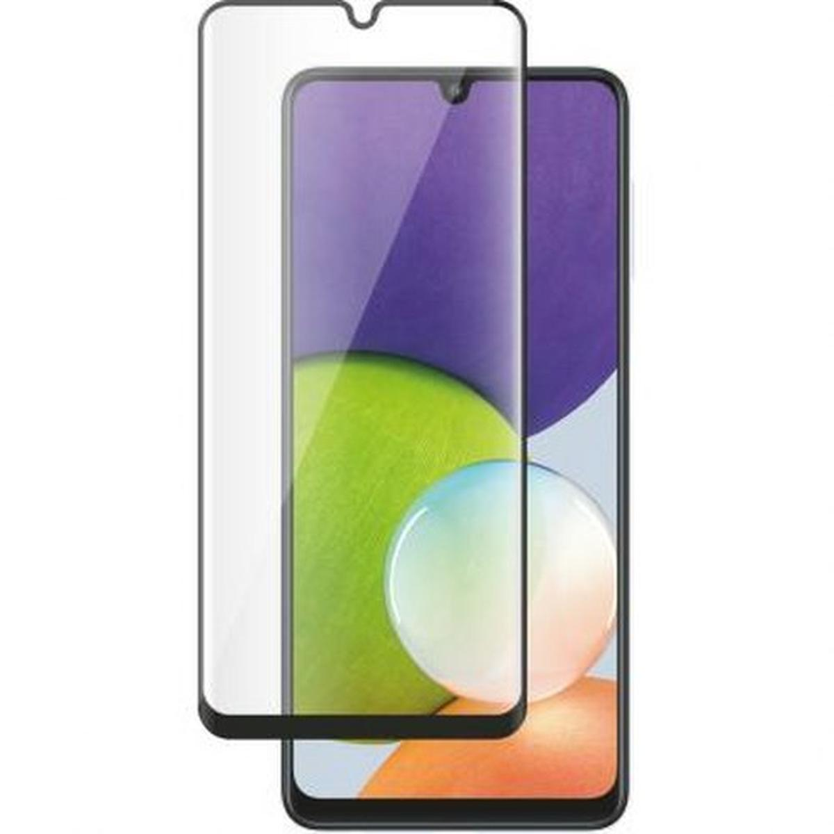 Uno smartphone con protezione schermo. Lo schermo mostra un design viola, verde, blu e arancione.
