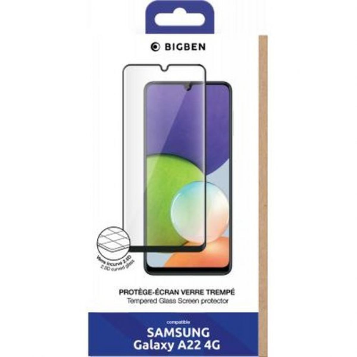 Confezione di un proteggi schermo per Samsung Galaxy A22 4G. Presenta il logo Bigben, l'immagine del proteggi schermo e info prodotto.