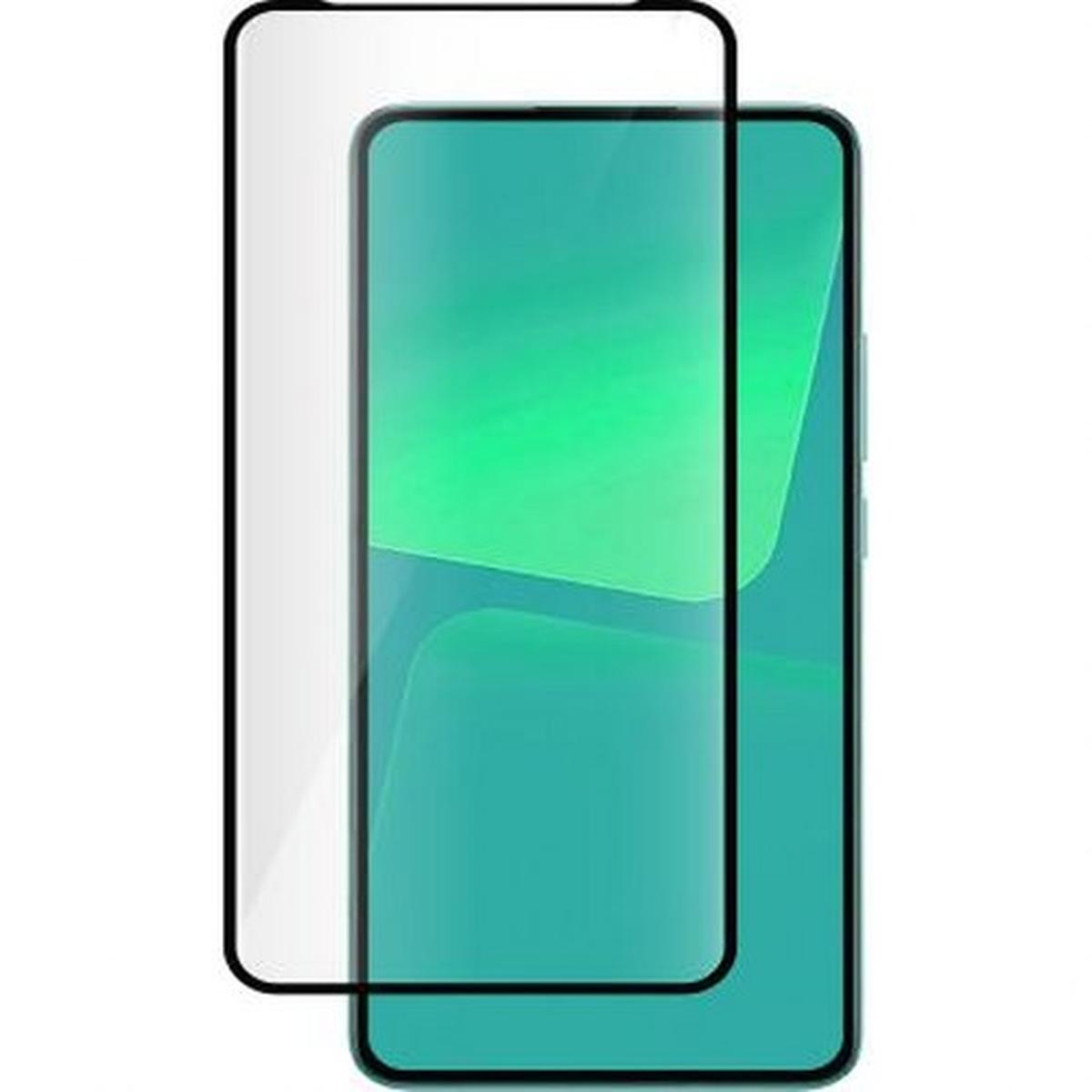 Un protecteur d'écran de smartphone est présenté avec un écran de téléphone. Le protecteur est transparent et encadré en noir. L'écran du téléphone est vert.