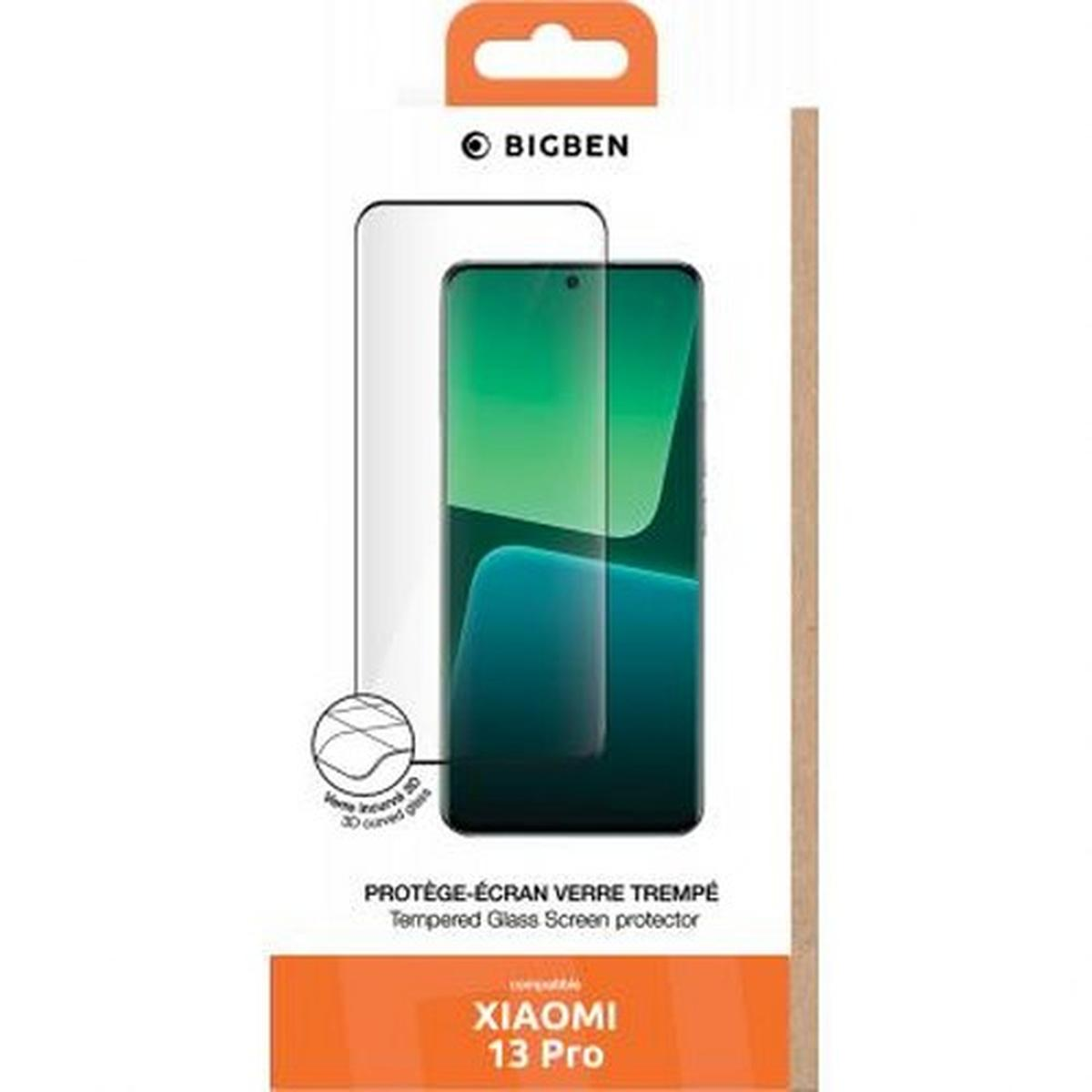 Un emballage de protection d'écran de téléphone. Il montre un écran de téléphone, un protecteur transparent et la marque BIGBEN. Texte : XIAOMI 13 Pro.