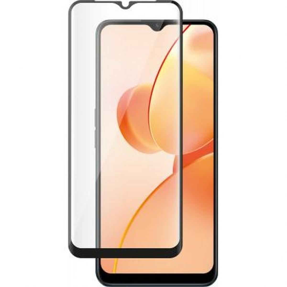 Een schermbeschermer en een telefoon. De beschermer is helder, over de telefoon. Het telefoonscherm toont oranje en gele vormen.