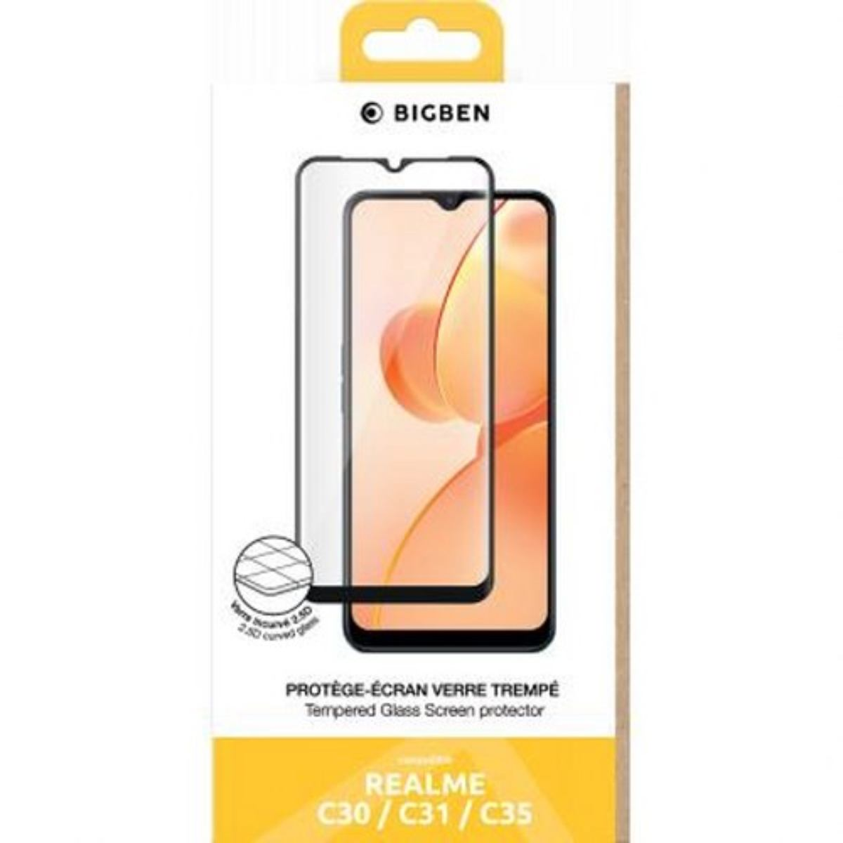 Een verpakking voor een telefoonschermbeschermer. Het toont een telefoon met een schermbeschermer, de merknaam BIGBEN en het model REALME C30/C31/C35.