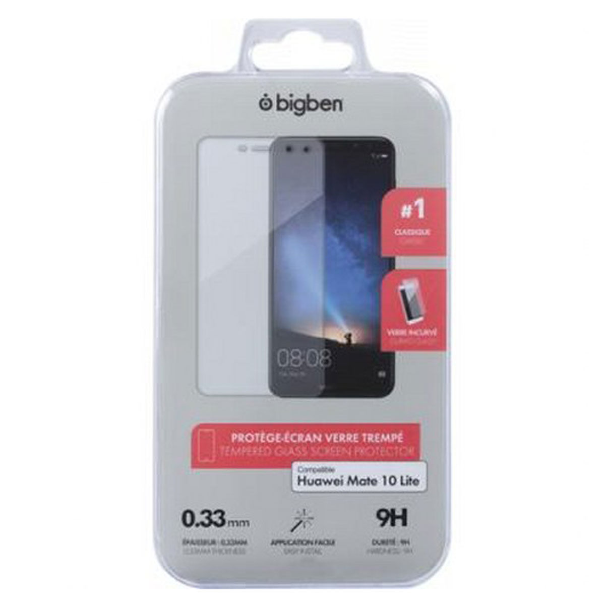 Una confezione di protezione schermo. Presenta il marchio 'bigben', un'immagine del telefono e testi che indicano la compatibilità con 'Huawei Mate 10 Lite'.