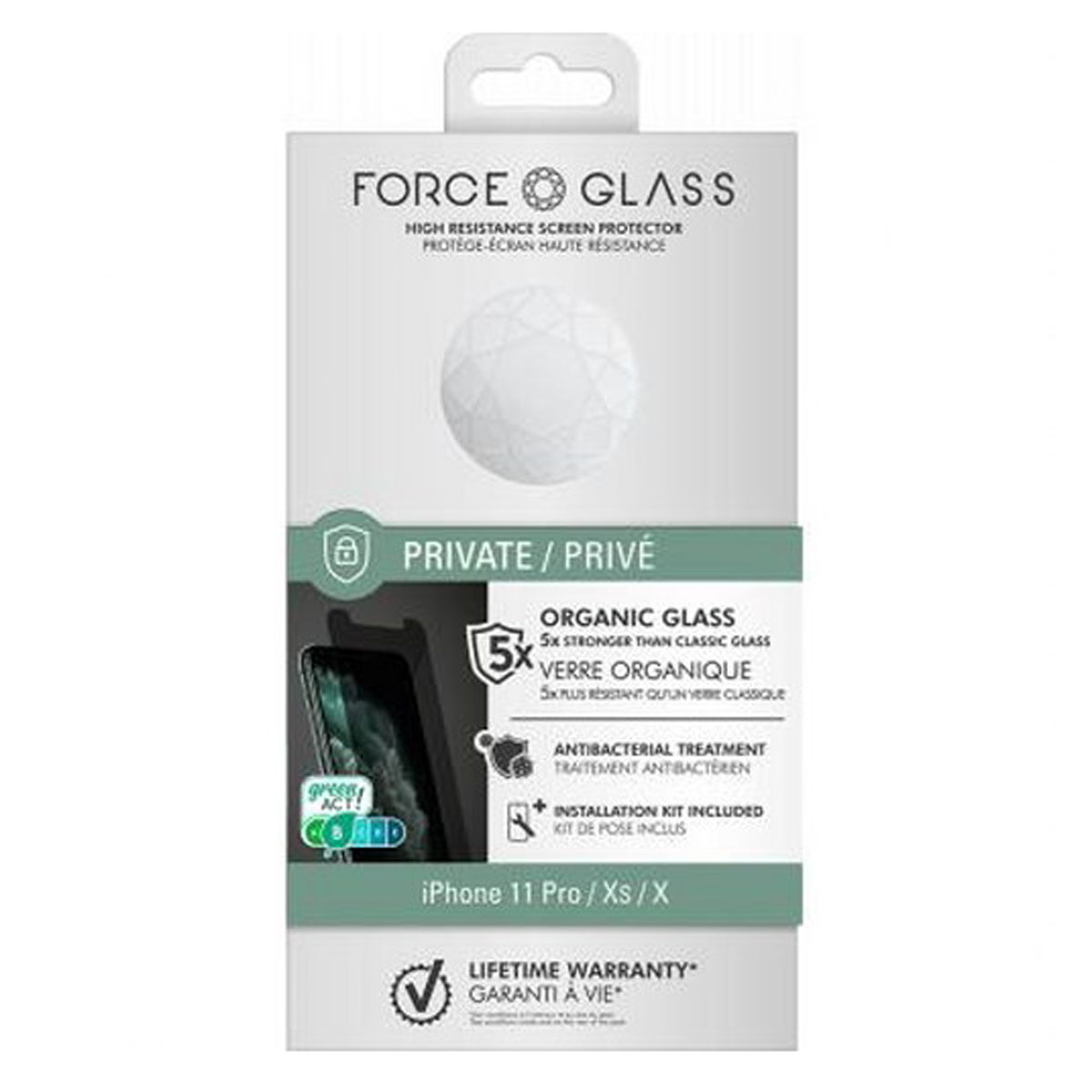 Una scatola bianca con una protezione per schermo per iPhone 11 Pro/Xs/X. C'è scritto 'FORCE GLASS' e 'ORGANIC GLASS'.