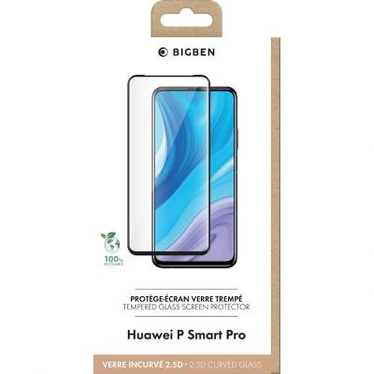Una scatola di protezione dello schermo del telefono. Dice BIGBEN, Huawei P Smart Pro e ha un logo di riciclaggio verde.