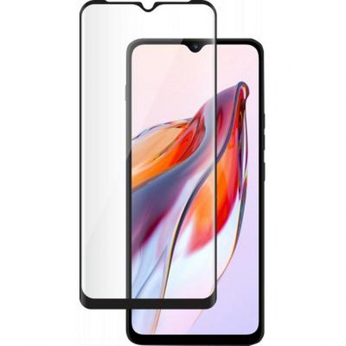 Uno smartphone con una protezione per lo schermo. Il telefono mostra un'immagine astratta colorata. La protezione è trasparente e copre lo schermo.