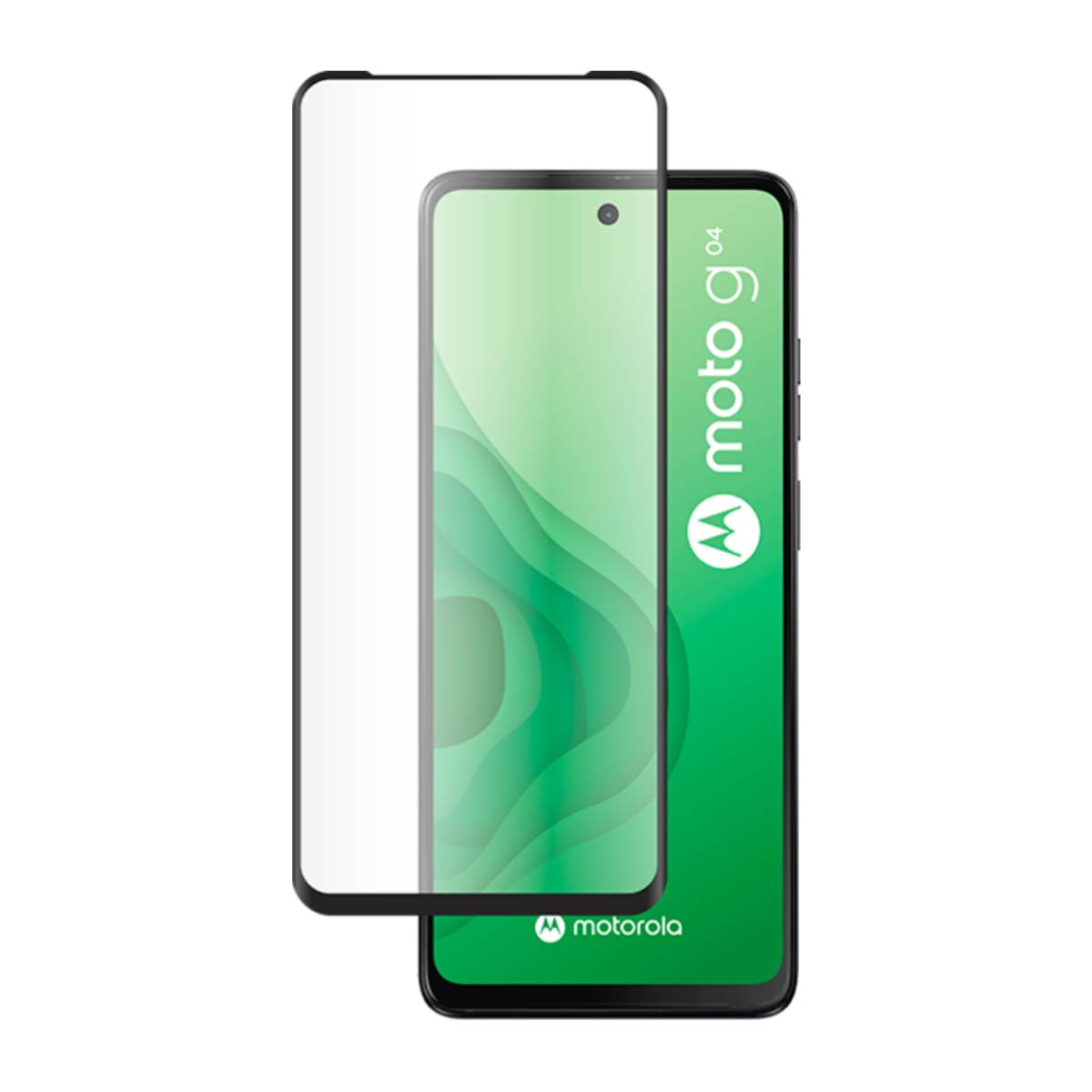 Uno smartphone con una protezione per lo schermo. Il telefono è verde e nero, con il logo Motorola. La protezione è trasparente.