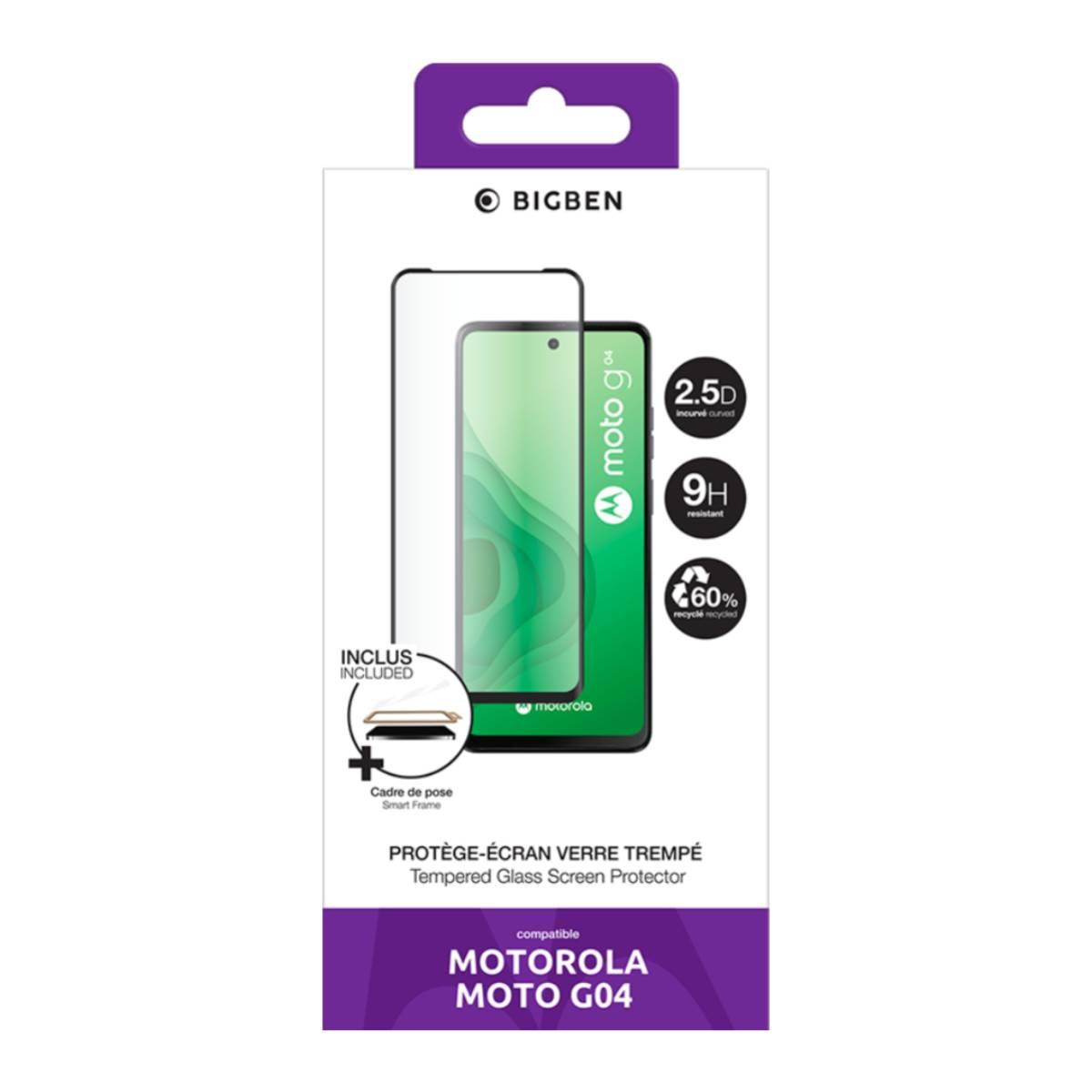 La scatola mostra una protezione schermo per Motorola Moto G04. Include la protezione, specifiche e funzionalità come 2.5D, 9H e 60% riciclato.