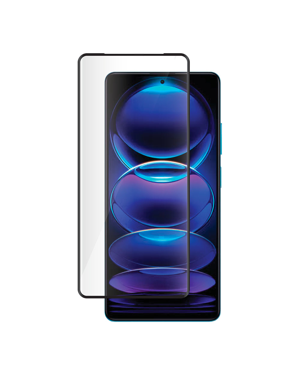 Un smartphone avec un protecteur d'écran. Le téléphone a un fond dégradé bleu avec des formes circulaires. Le protecteur est transparent.