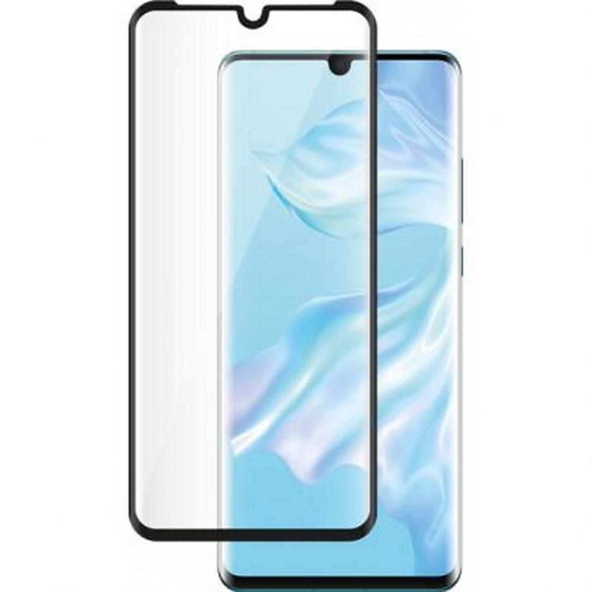 Uno smartphone con una protezione per lo schermo. Il telefono ha un display blu con motivi astratti bianchi. La protezione per lo schermo ha una cornice nera.