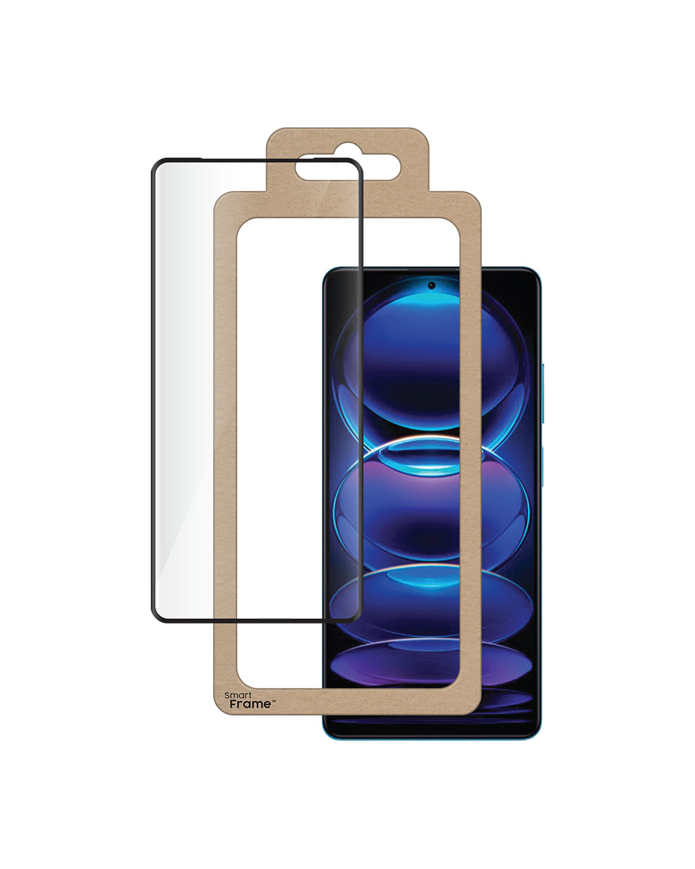 Un smartphone est encadré par une découpe en carton marron et un protecteur d'écran. L'écran affiche un dégradé bleu avec des motifs circulaires.