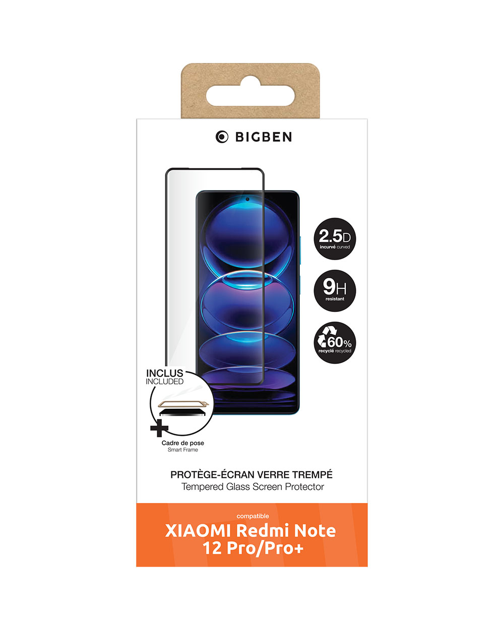 Une boîte de protection d'écran de téléphone. Elle contient une image de téléphone, le nom de la marque et du texte détaillant les caractéristiques et la compatibilité.