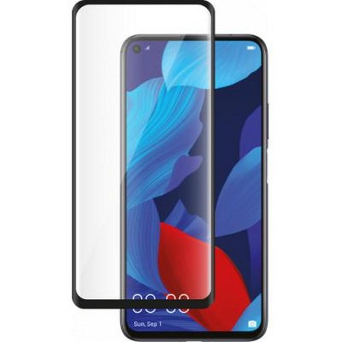 Een smartphone met een schermbeschermer erop. De telefoon toont een blauw en rood abstract behang. De beschermer is transparant.