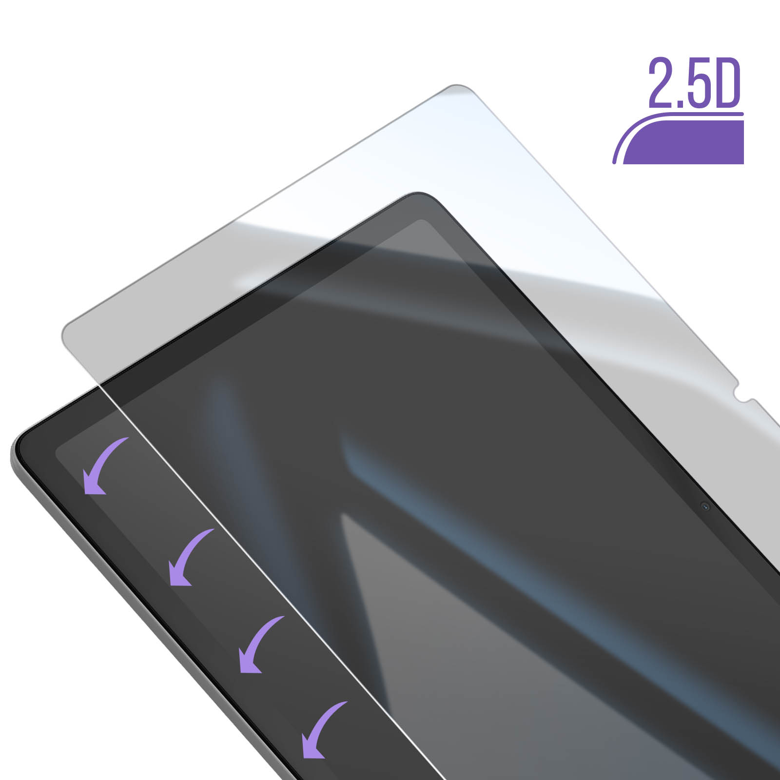 Se aplica un protector de pantalla a una tableta. Las flechas indican la dirección de la aplicación. El protector es transparente, la tableta es negra.