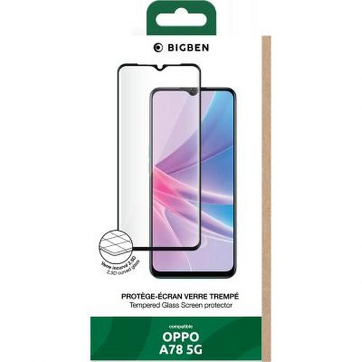 Una scatola di protezione per lo schermo del telefono. Presenta un contorno del telefono, il marchio Bigben e testo in francese e inglese. Dice OPPO A78 5G.