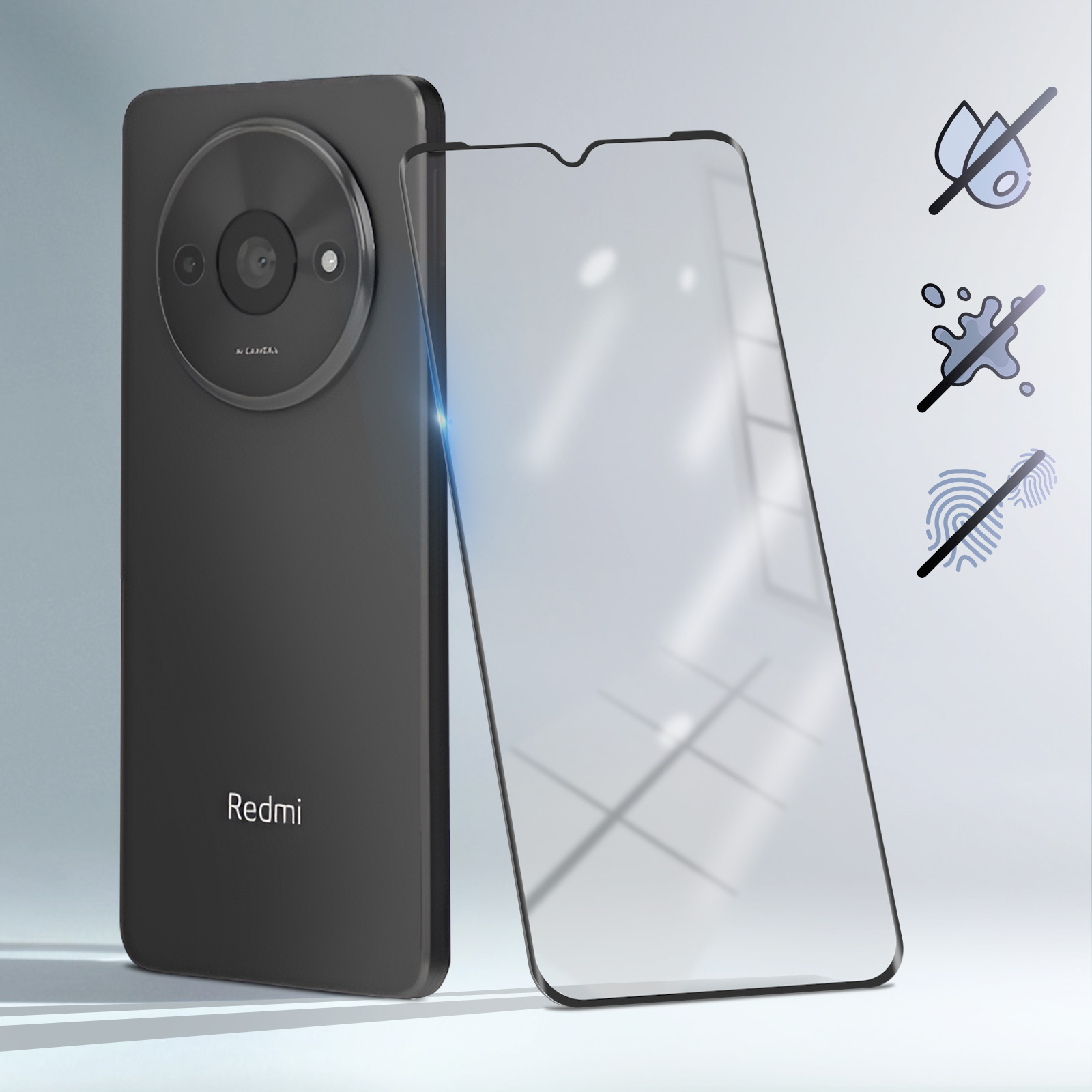 Zwarte telefoon met schermbeschermer, water-, spat- en vingerafdrukbestendige pictogrammen. Redmi-logo zichtbaar. Telefoon heeft grote camera.