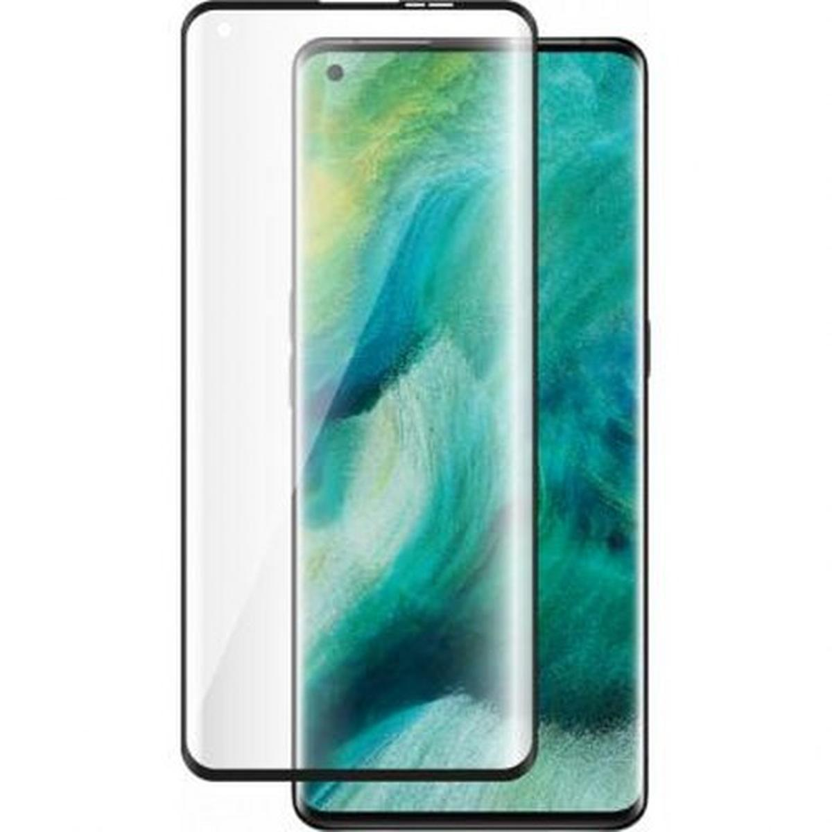Un écran de smartphone avec une protection en verre posée dessus. Le téléphone affiche un motif abstrait vert et blanc.