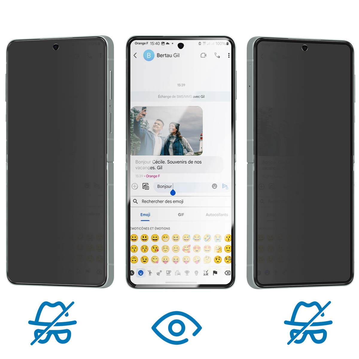 Trois smartphones. Celui du milieu affiche une application de messagerie avec photo et texte. Les autres ont un écran sombre.