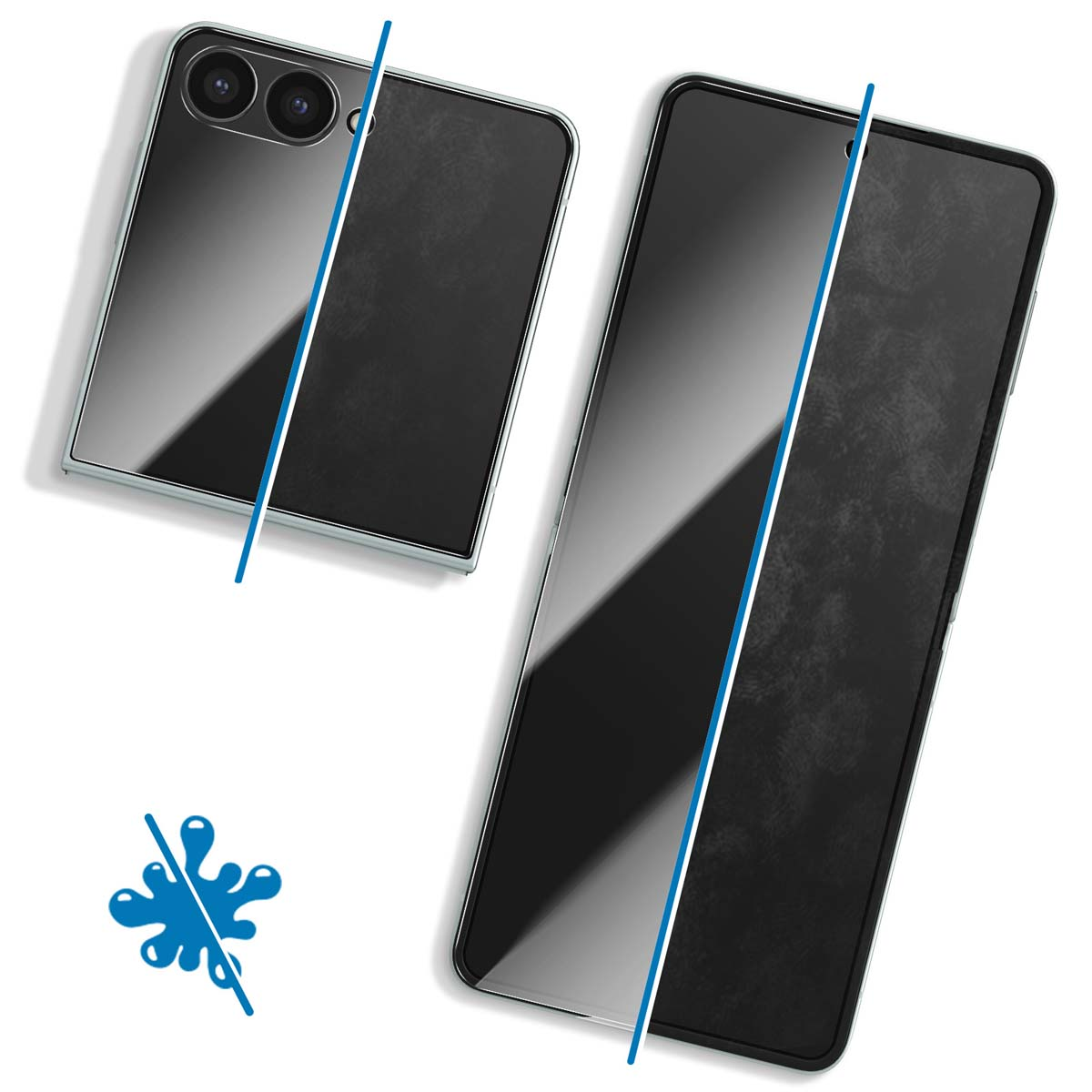 Deux smartphones noirs avec un trait bleu. Un téléphone a deux caméras. Une éclaboussure bleue avec un trait est également présente.