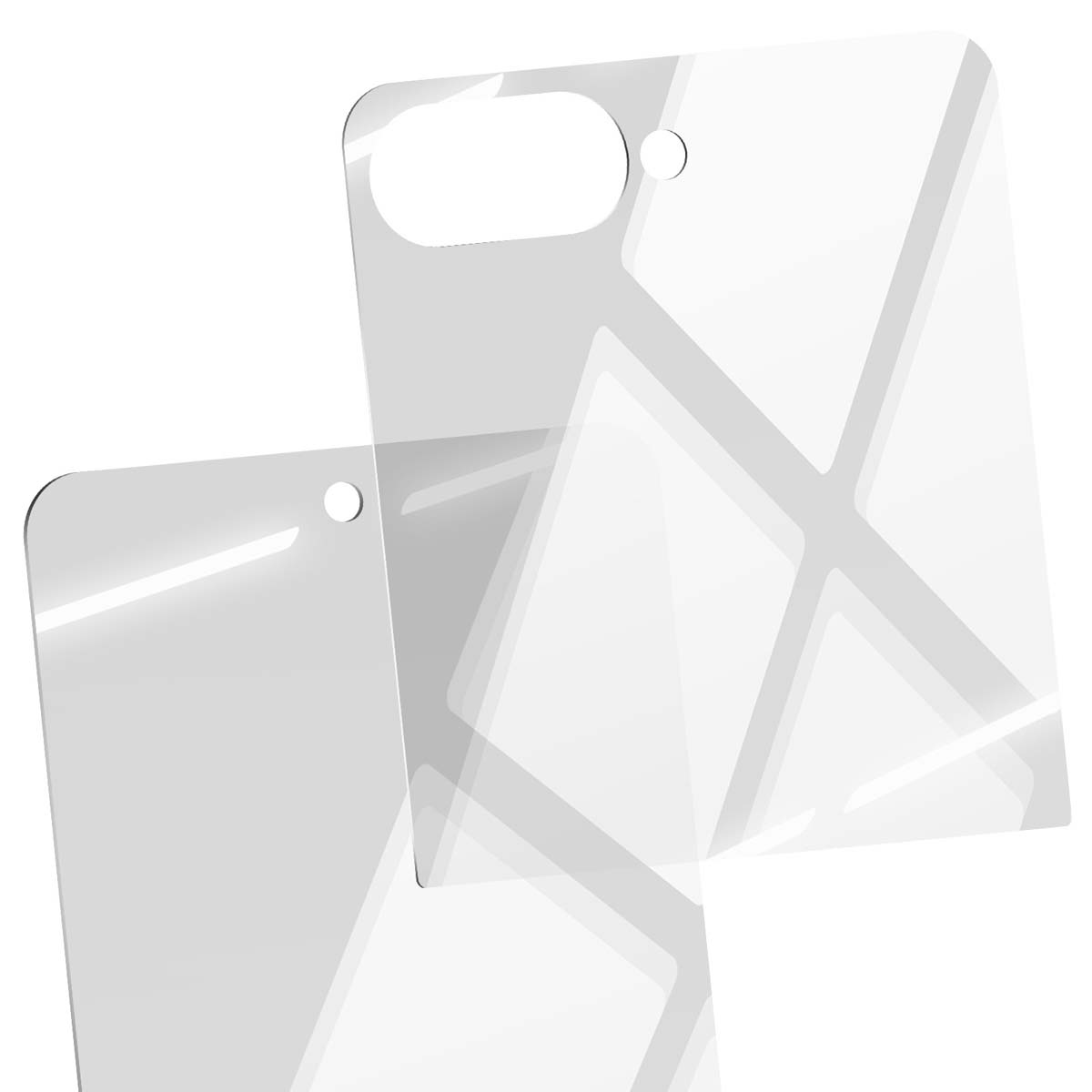Deux écrans en verre transparent superposés avec des coins arrondis et un petit trou. L'un a une ouverture. Fond blanc.