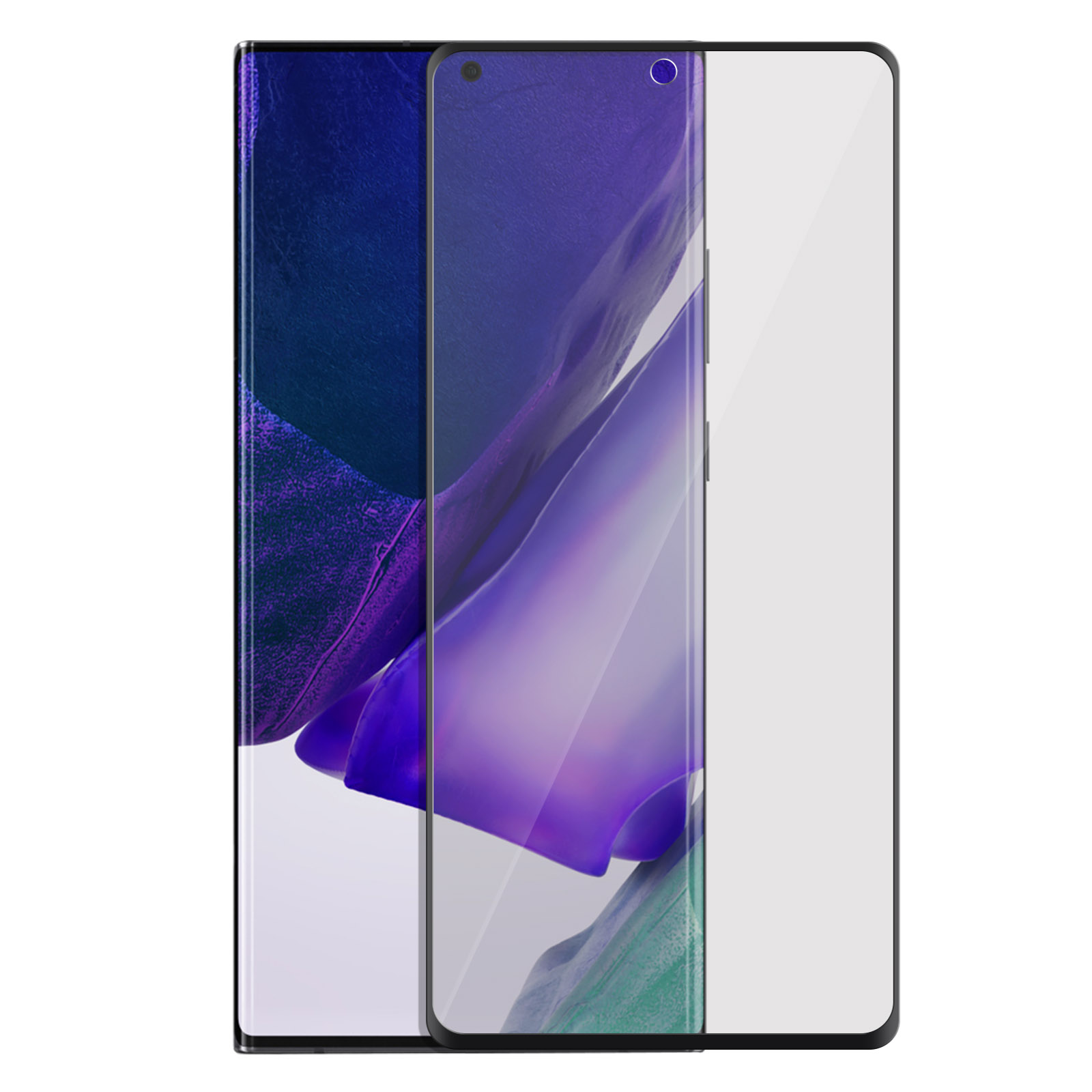 Un smartphone avec un protecteur d'écran appliqué. L'écran affiche des teintes violettes et bleues. Le protecteur est transparent avec une bordure noire.