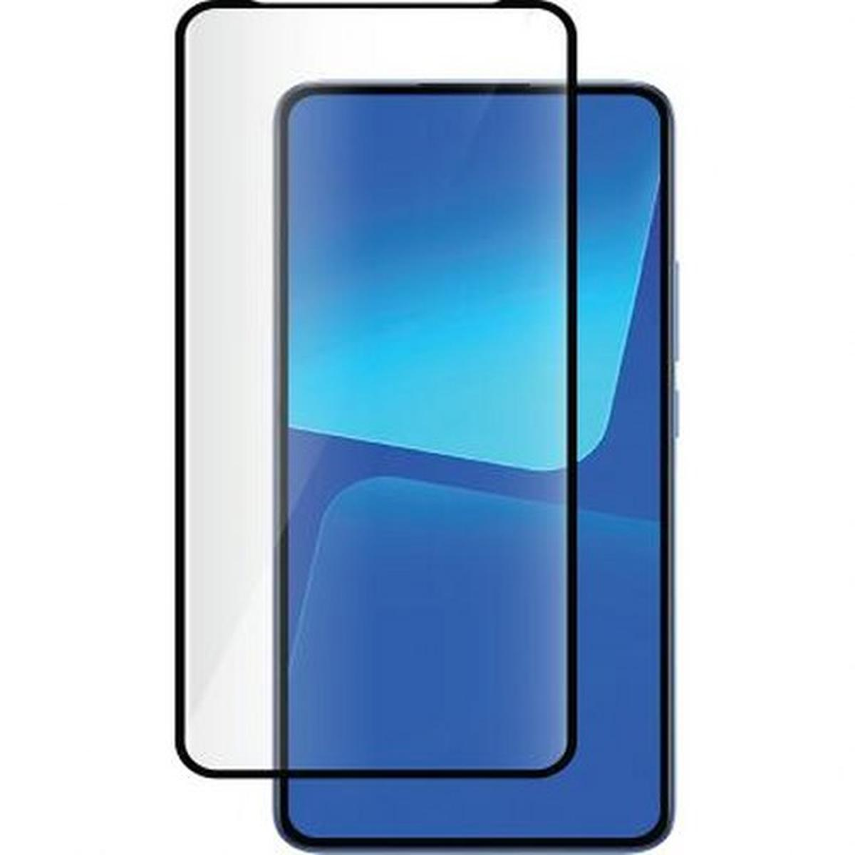 Een smartphone met een schermbeschermer eroverheen. De telefoon heeft een blauw scherm met een gebogen ontwerp. De beschermer is transparant.