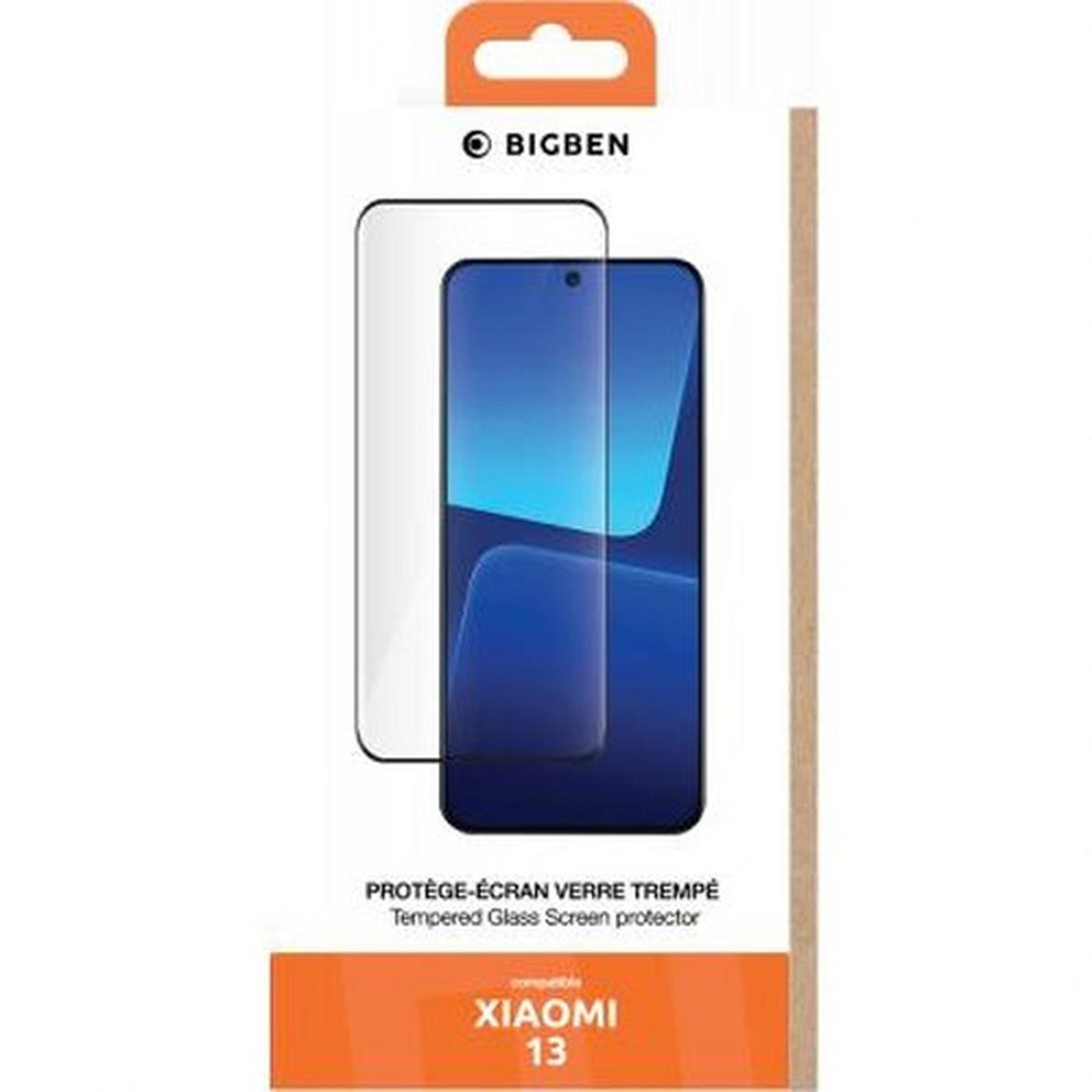 Een telefoon screenprotector verpakking. Het toont een telefoon met een blauw scherm en een heldere glazen protector.