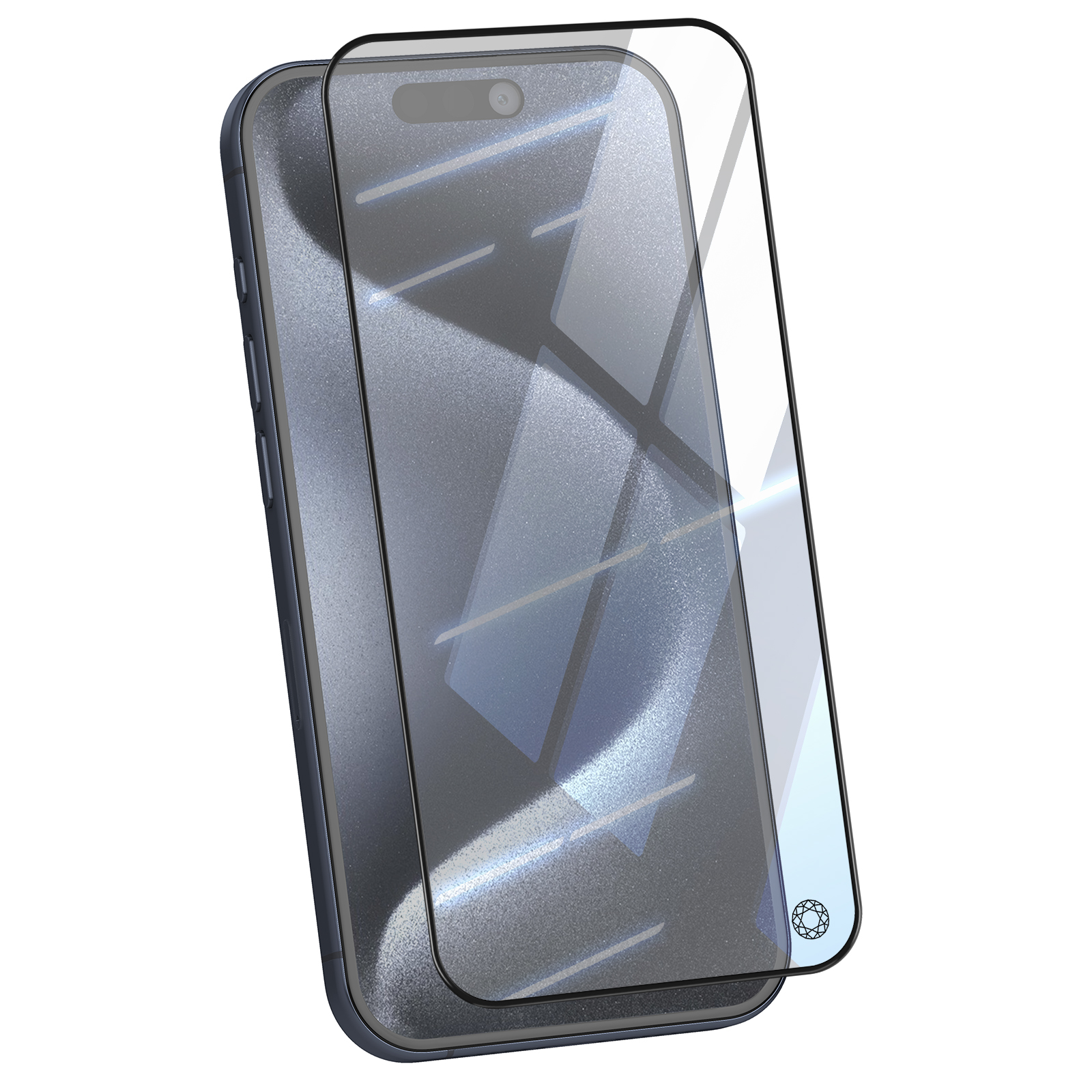 Een smartphone met een schermbeschermer. De telefoon is donkerblauw en heeft een heldere schermbeschermer.