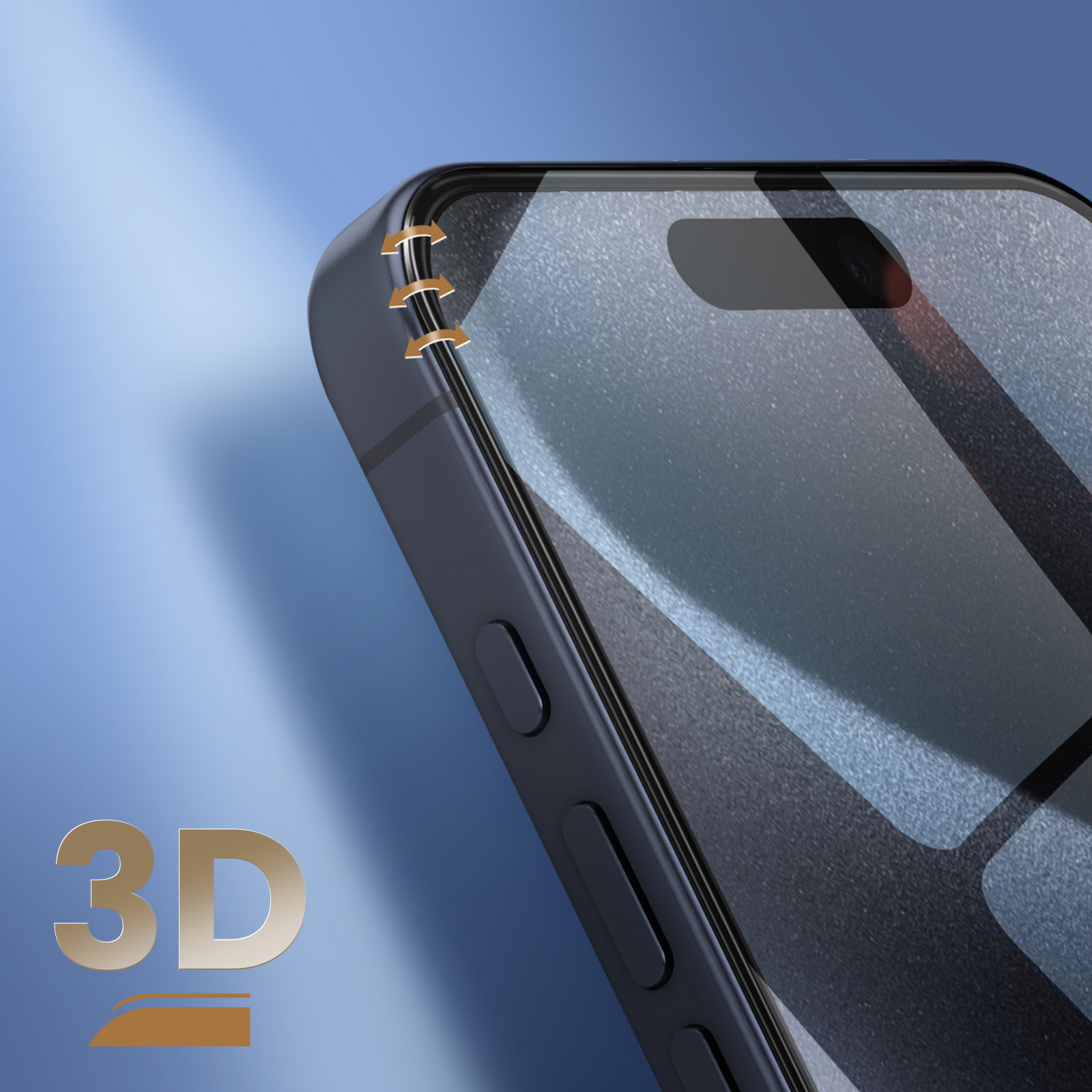 Close-up van een telefoon met schermbeschermer. Pijlen duiden functies aan. Achtergrond blauw verloop met 3D-tekst.