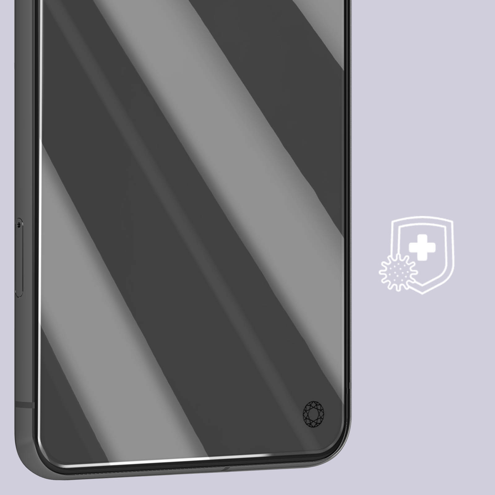 Close-up van een telefoonhoesje met een reflecterend oppervlak. Een schild met een kruis en bacteriën staat rechts.