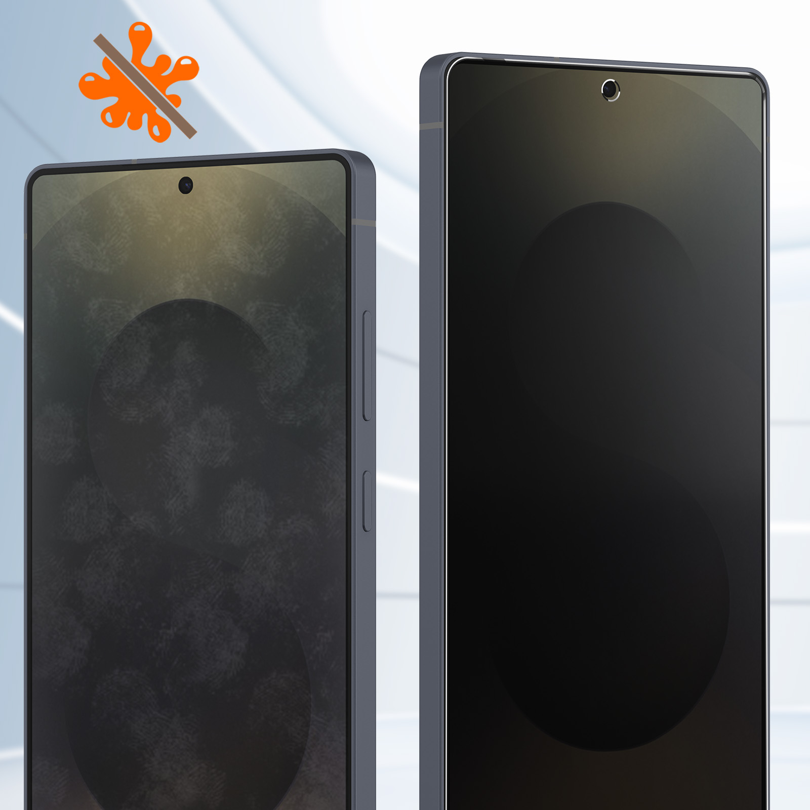 Due smartphone, uno con impronte digitali e un simbolo di macchia. Schermi scuri. I telefoni hanno cornici e fotocamere grigie.