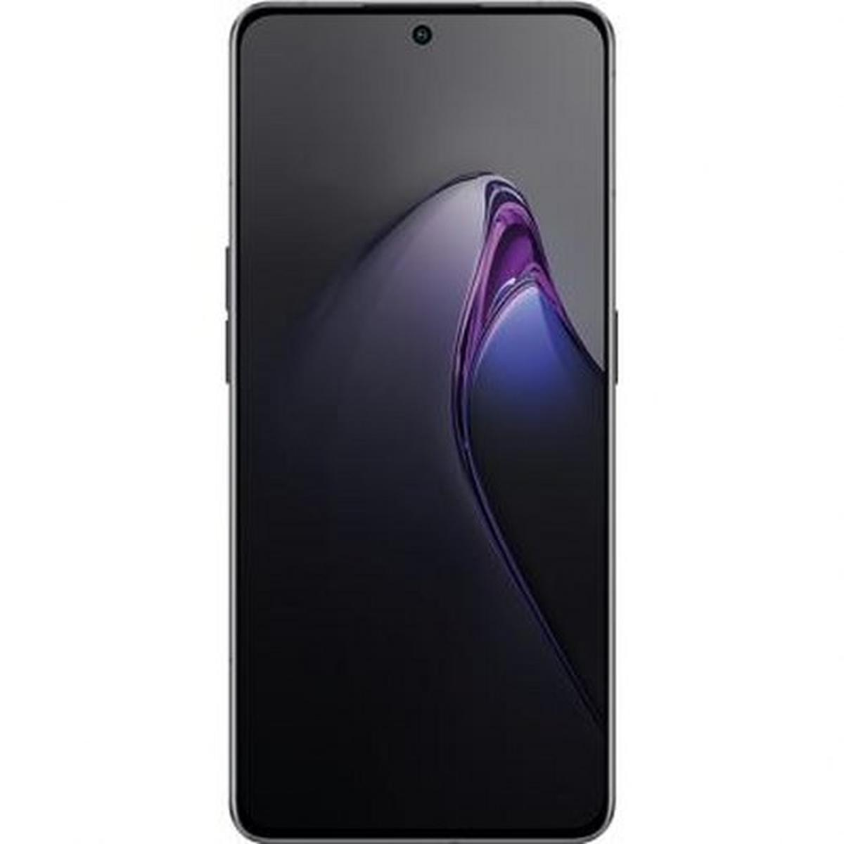 Uno smartphone con uno schermo scuro che mostra un design a onda viola e blu. Il telefono è nero con una piccola fotocamera in alto.