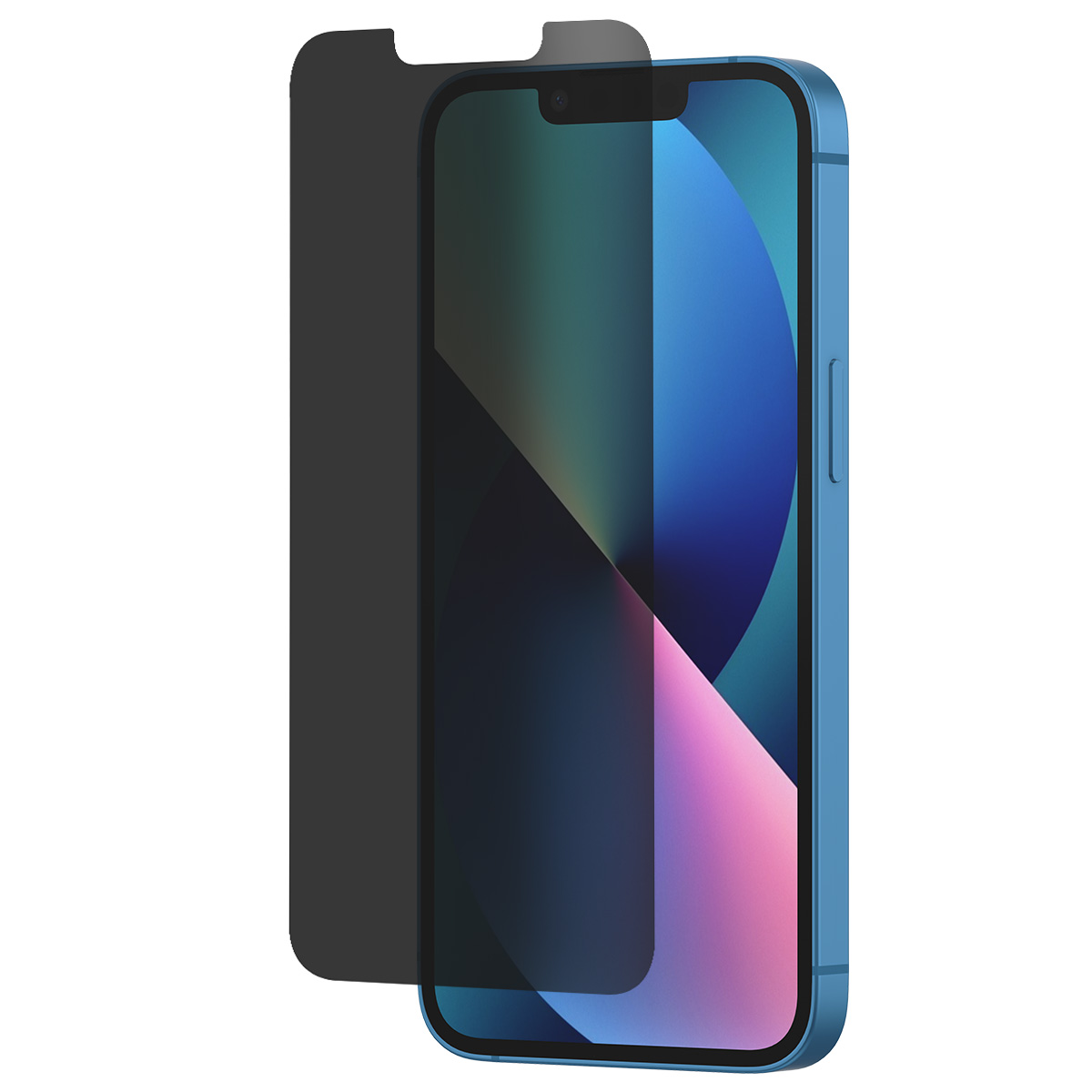 Blauwe iPhone met een schermbeschermer. Het scherm toont een kleurrijk verloop. Beschermer is donkergrijs. Telefoon op witte achtergrond.
