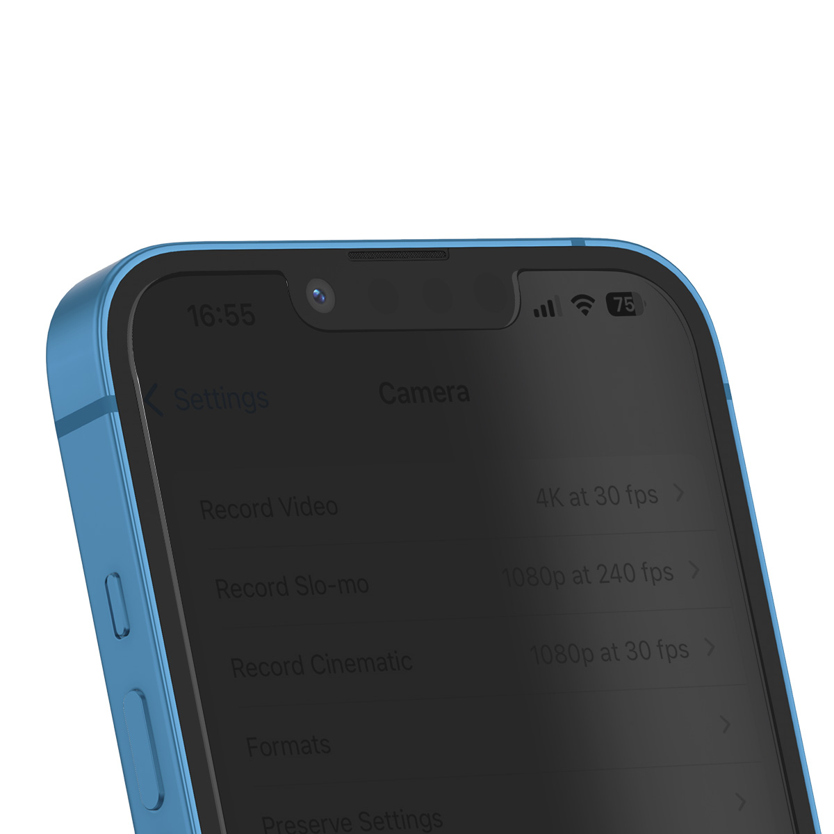 Close-up van een blauwe telefoon met 'Camera'-instellingen, zoals 'Video opnemen' en 'Indelingen'.