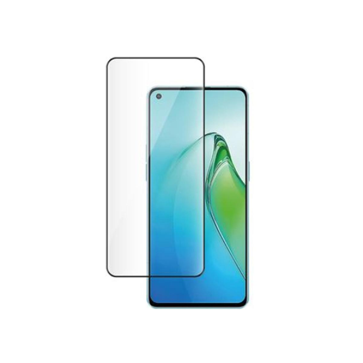 Een smartphone met een schermbeschermer ernaast. De telefoon heeft een blauw en groen ontwerp op het scherm, de beschermer is transparant.