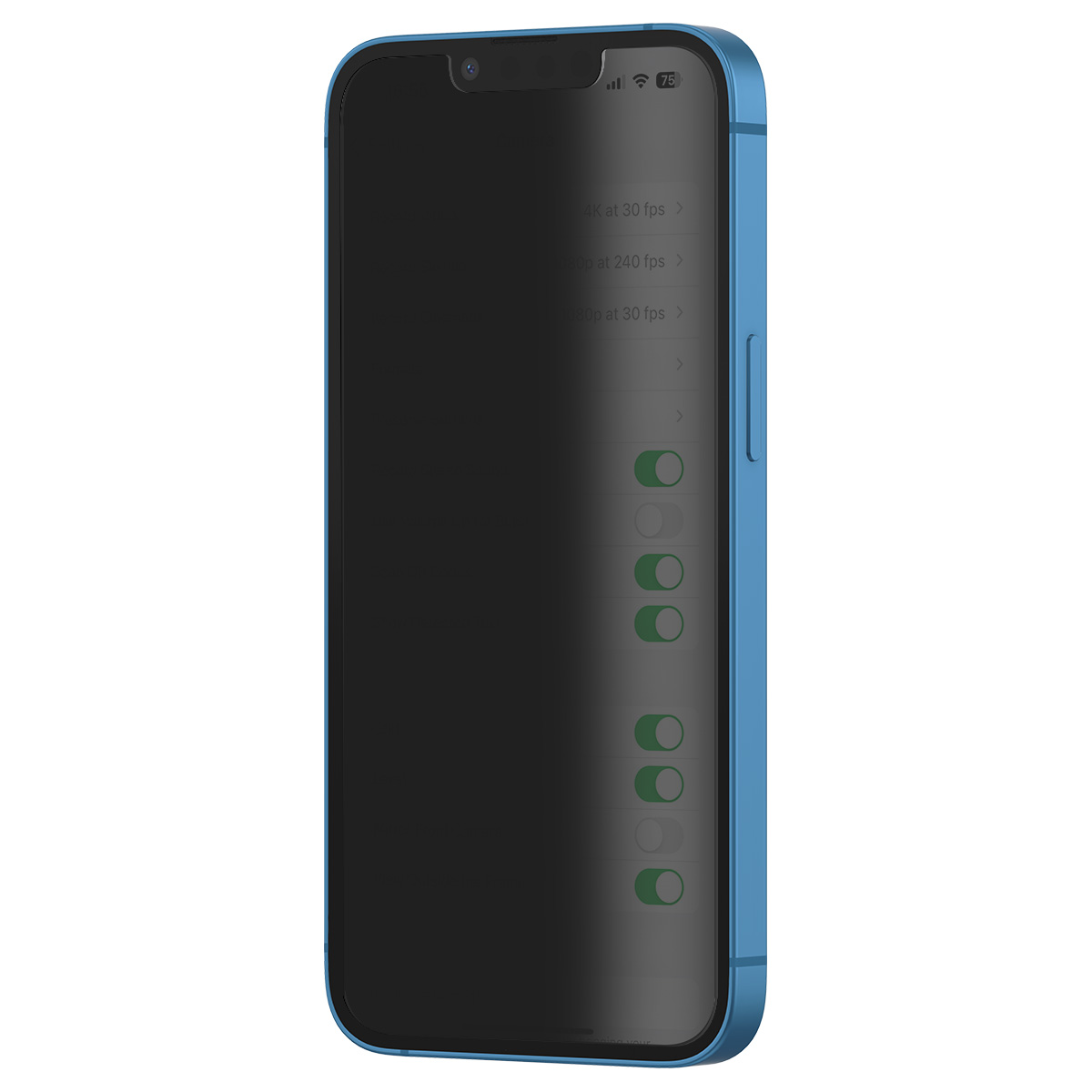 Een blauwe smartphone toont een zwart scherm met instellingen. Groene schakelaars zijn zichtbaar. Het scherm toont video-opname-opties.