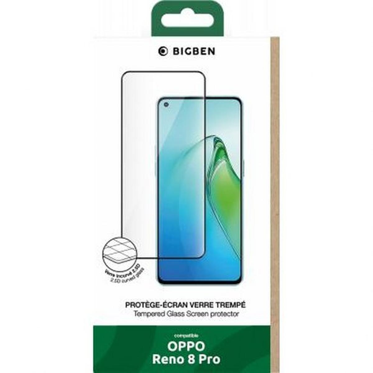 Een doos met een schermbeschermer voor de telefoon. De doos heeft een afbeelding van de telefoon en details over het product en het model: OPPO Reno 8 Pro.