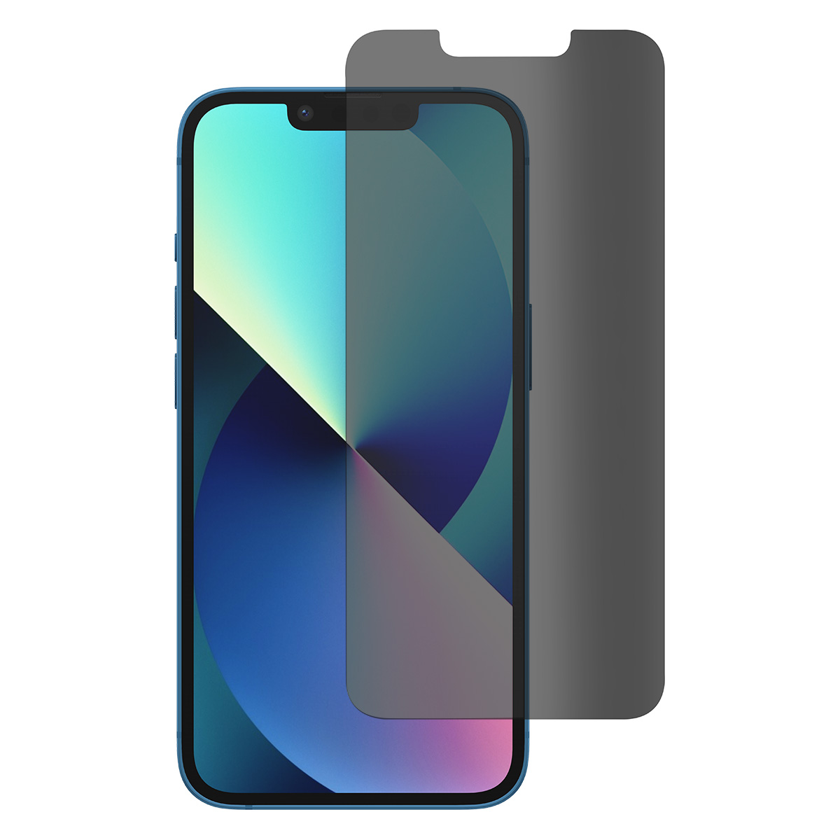 Een blauwe iPhone met een privacy screenprotector. Het scherm toont een verloop van blauw, blauwgroen en paars. De protector is grijs.