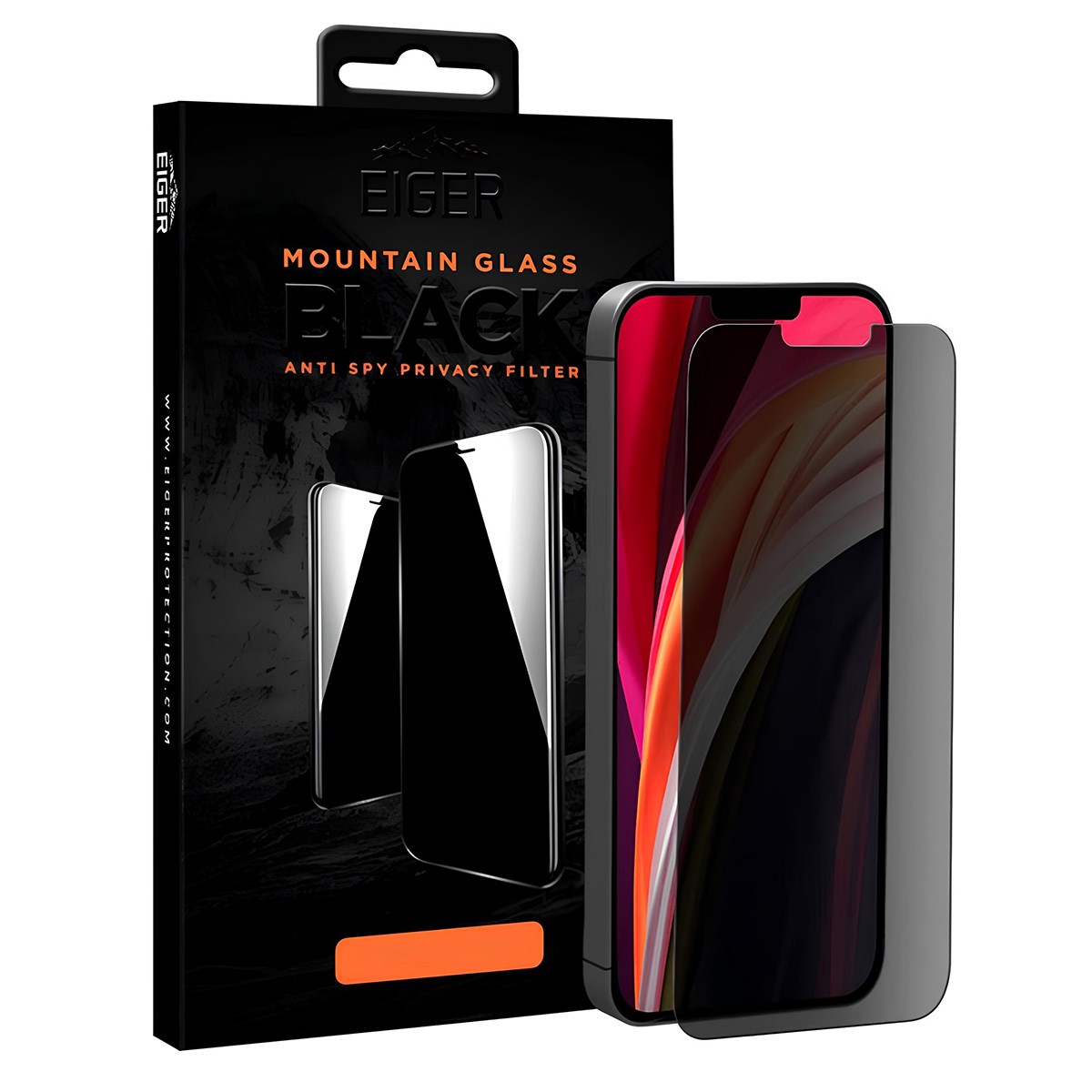 Een doosje met een schermbeschermer voor de telefoon en een telefoon met de beschermer erop. De doos is zwart met witte tekst en een oranje streep.