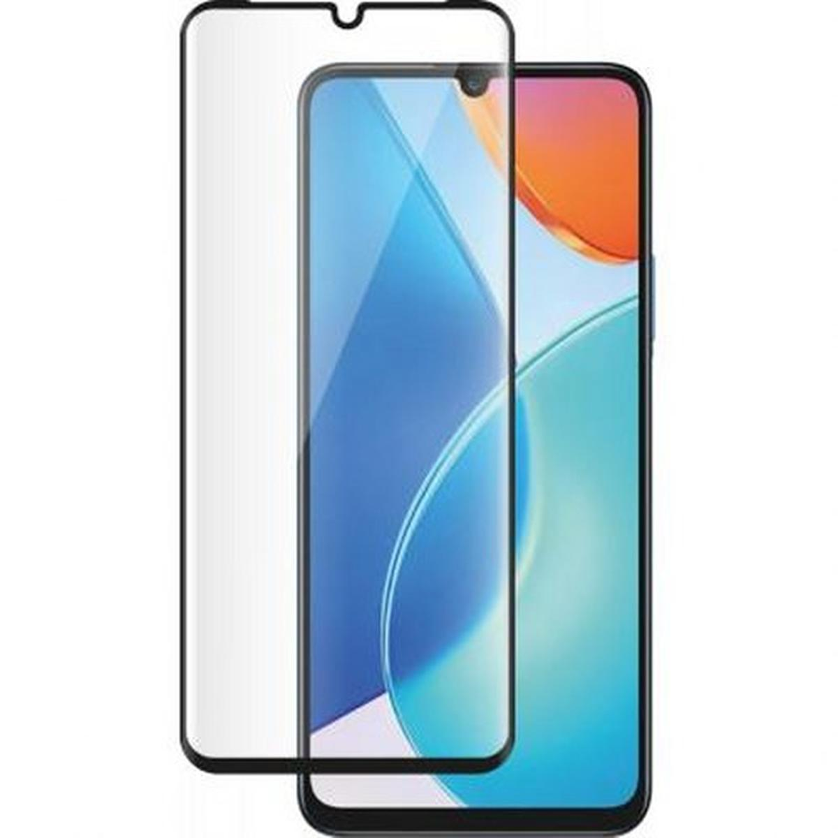 Un smartphone avec un protecteur d'écran superposé. Le téléphone affiche un écran bleu et orange. Le protecteur est transparent.