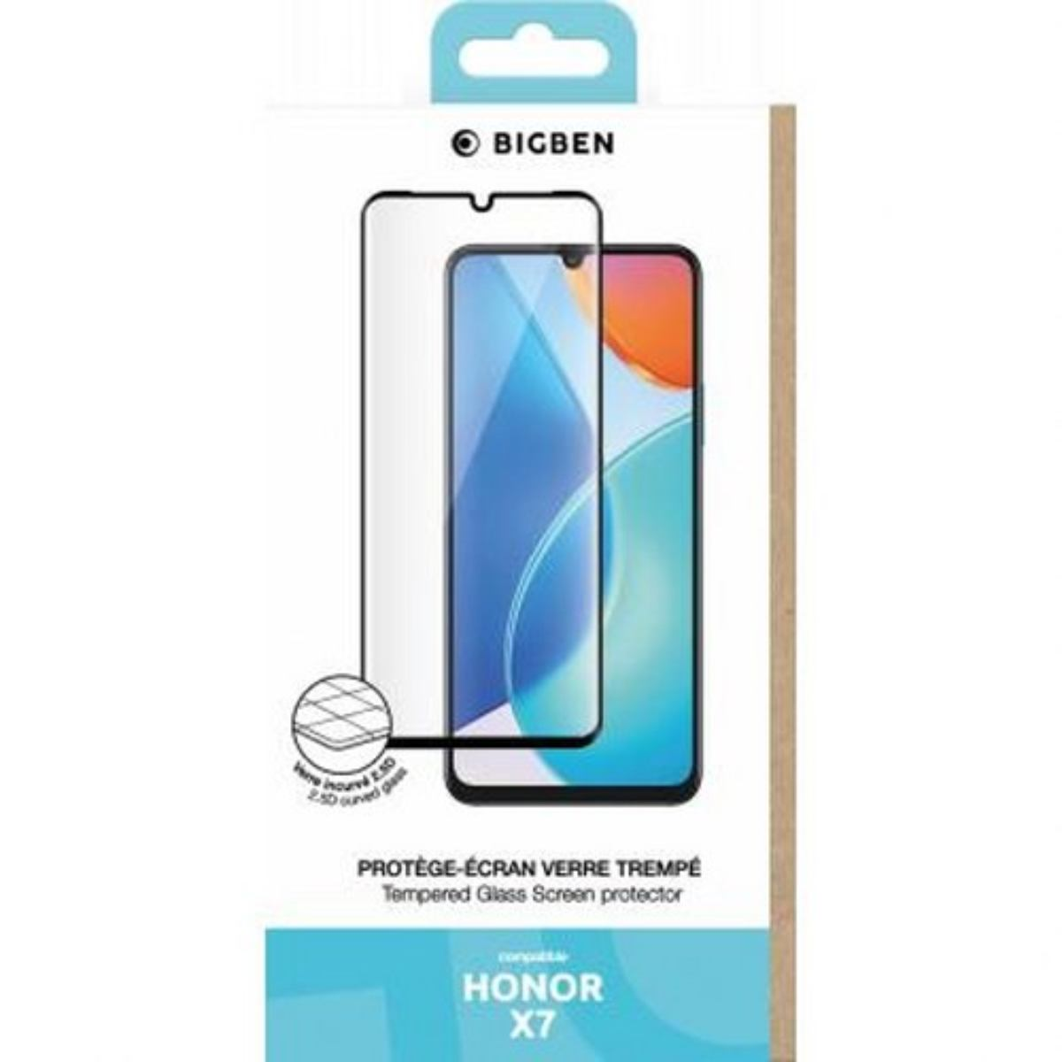 Une boîte de protection d'écran de téléphone avec le protecteur et une image de téléphone. La marque est Bigben. Compatible avec Honor X7.