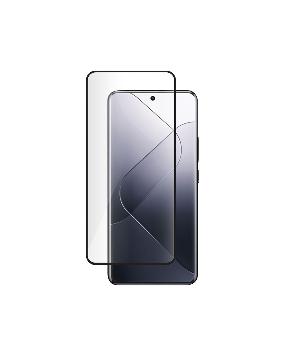 Een smartphone met een schermbeschermer op een witte achtergrond. De telefoon is zwart en de schermbeschermer is helder.