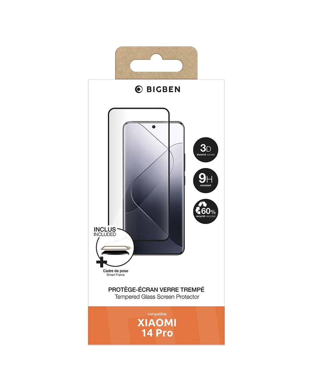 Een doos toont een schermbeschermer voor Xiaomi 14 Pro. Het bevat een telefooncontour, en pictogrammen voor 3D gebogen, 9H resistent en 60% gerecycled.