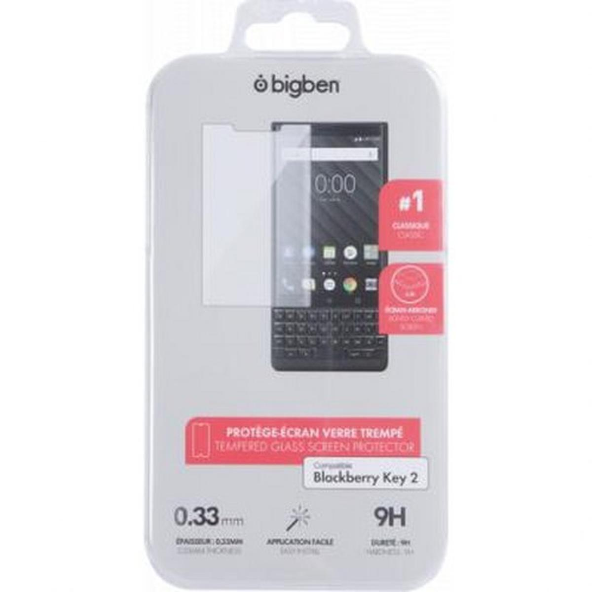 Un proteggi schermo Bigben per Blackberry Key 2. La confezione mostra il telefono con la protezione, adesivi rossi e testo. Ha uno spessore di 0,33 mm.