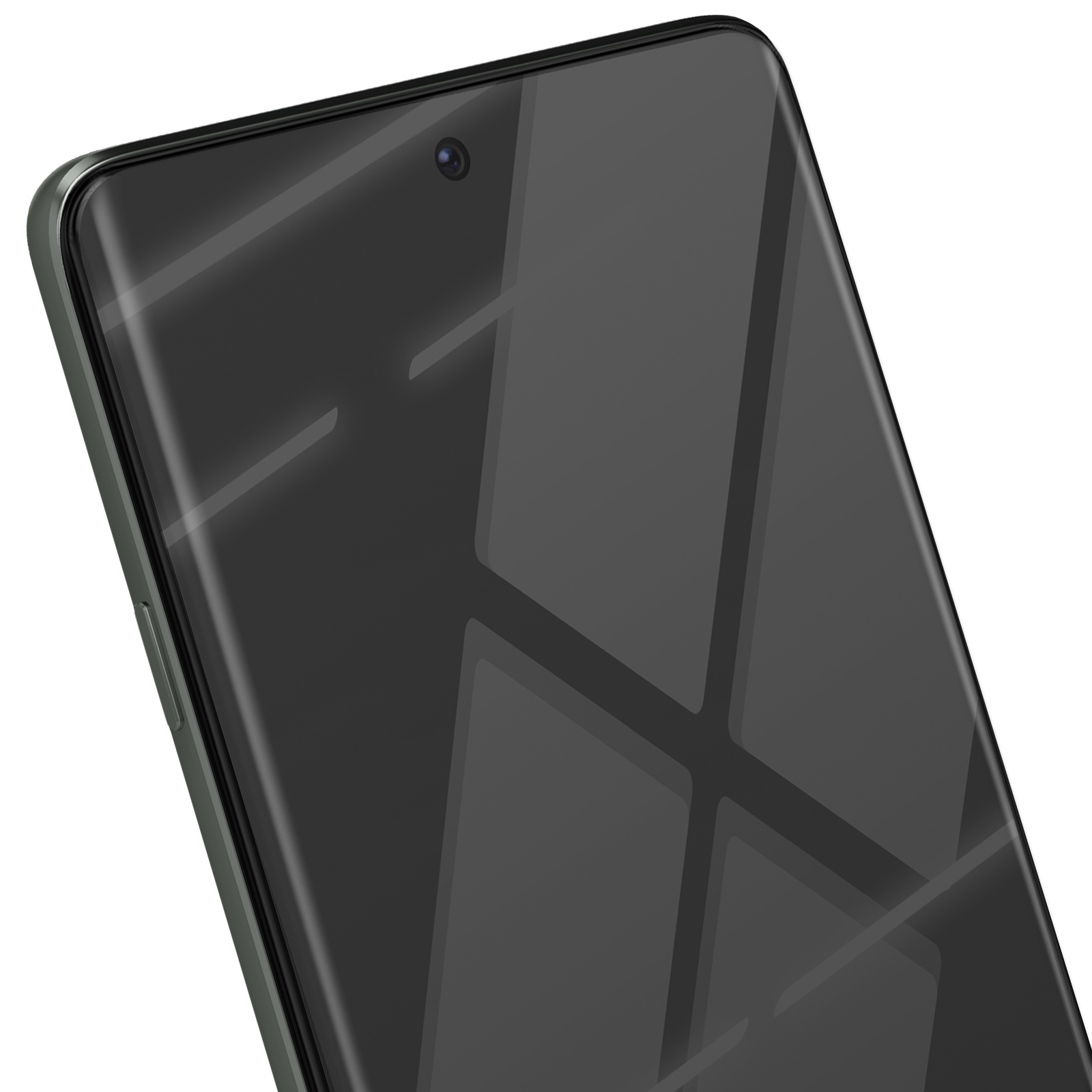 Uno smartphone con schermo curvo è angolato verso lo spettatore. Lo schermo è scuro, con riflessi. Il telefono è grigio.