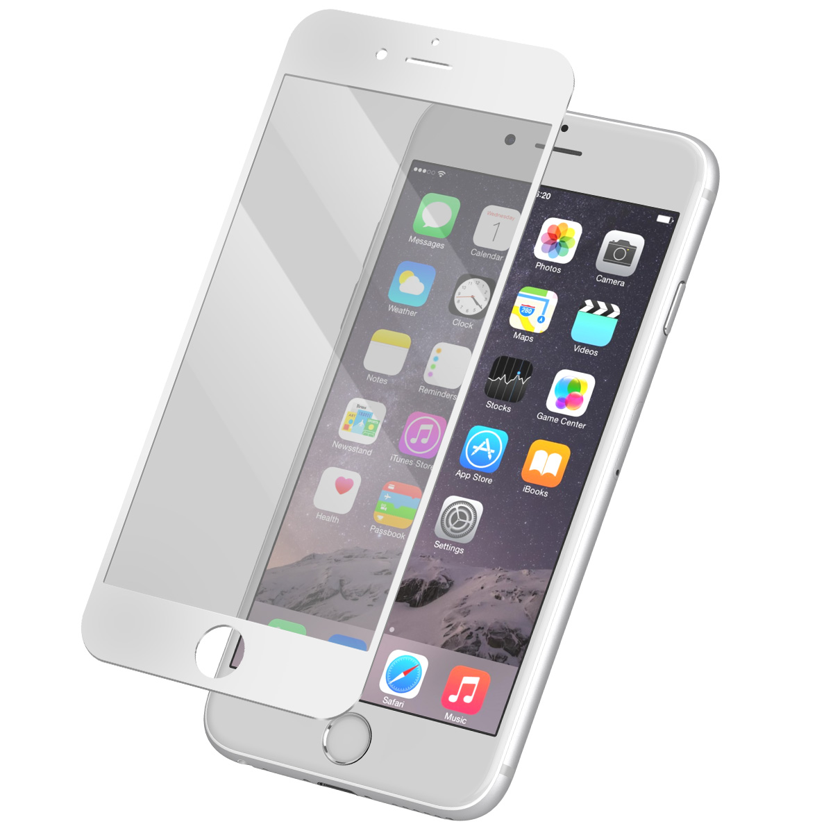 Deux smartphones blancs, l'un avec un protecteur d'écran. Les écrans affichent des applications. Le fond est blanc.