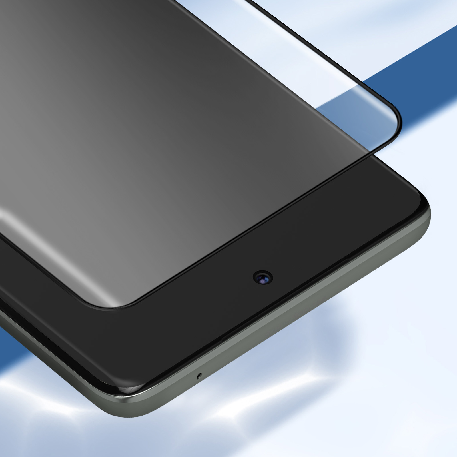 Un tablet con una protezione per lo schermo. Lo schermo è scuro, mostrando una fotocamera e il bordo.